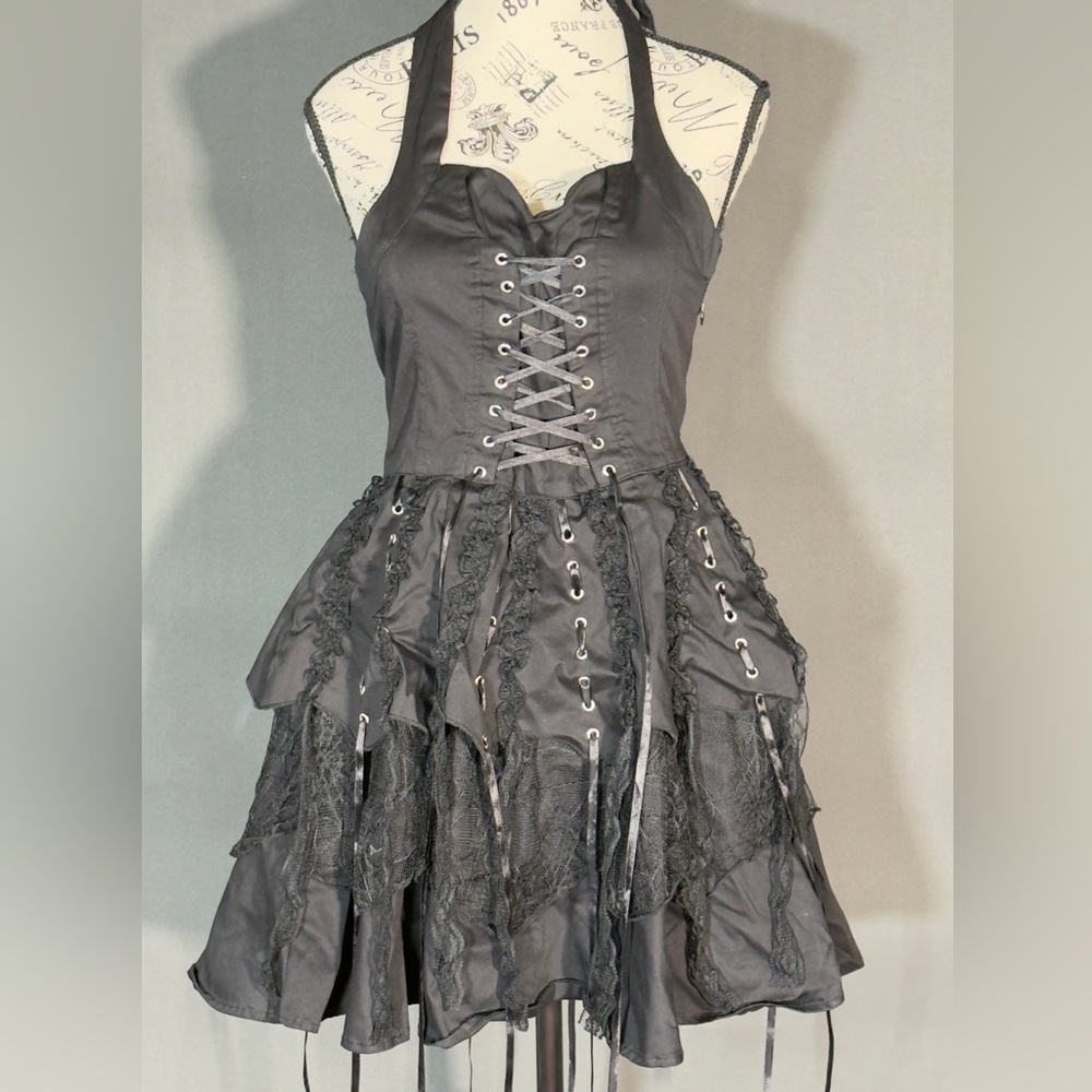 H&R Goth girl Chic Black Lace-Up Mini Halted Dress size 14